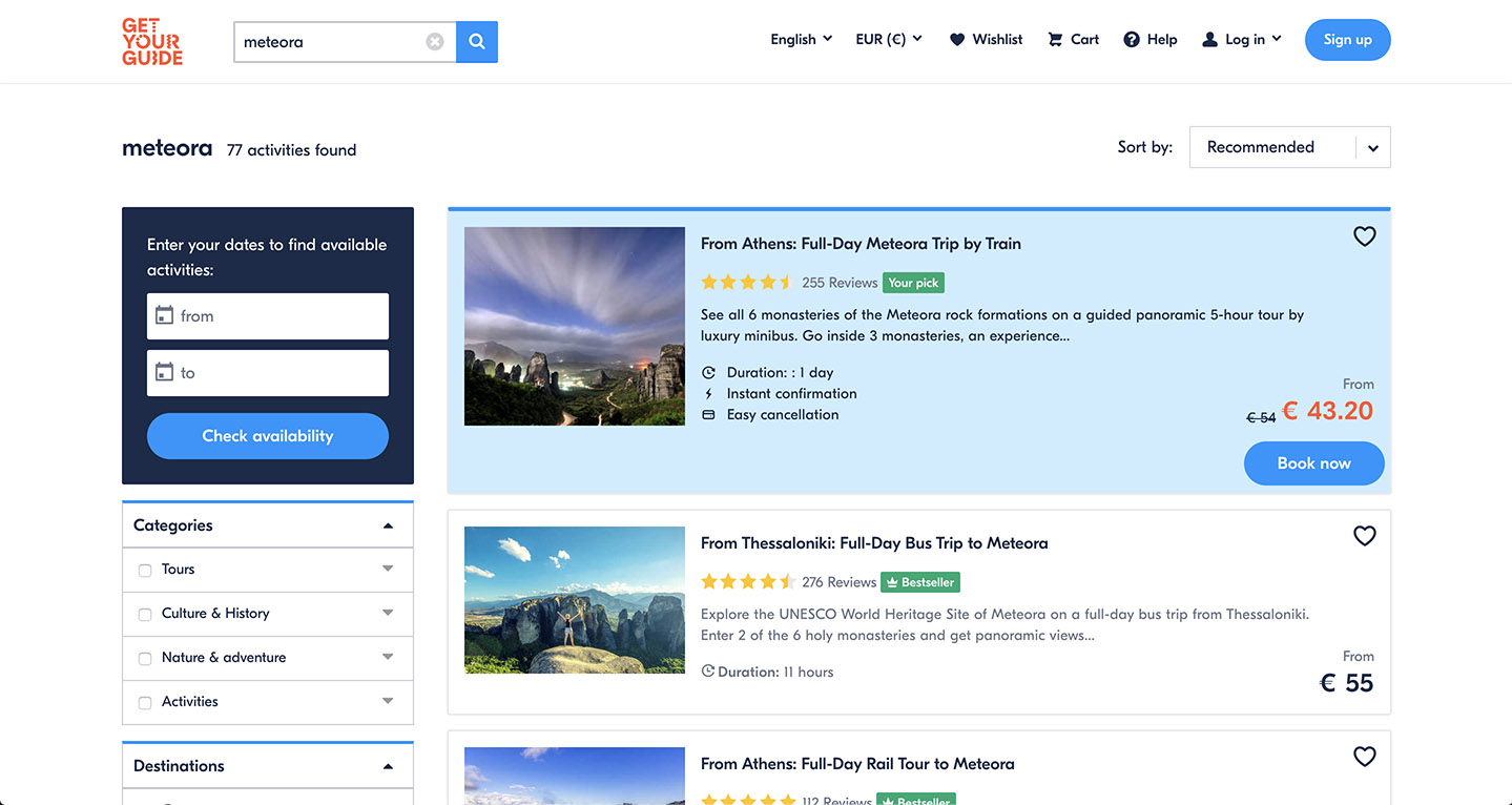 GetYourGuide's highlighted search results page